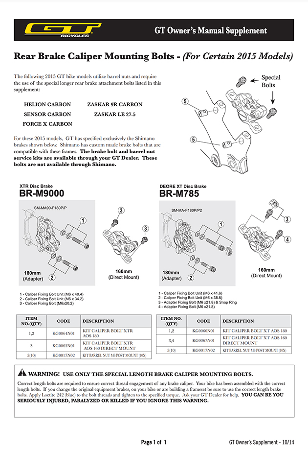2015 GT Owner's Manual: Rear Brake Caliper Mounting Bolts